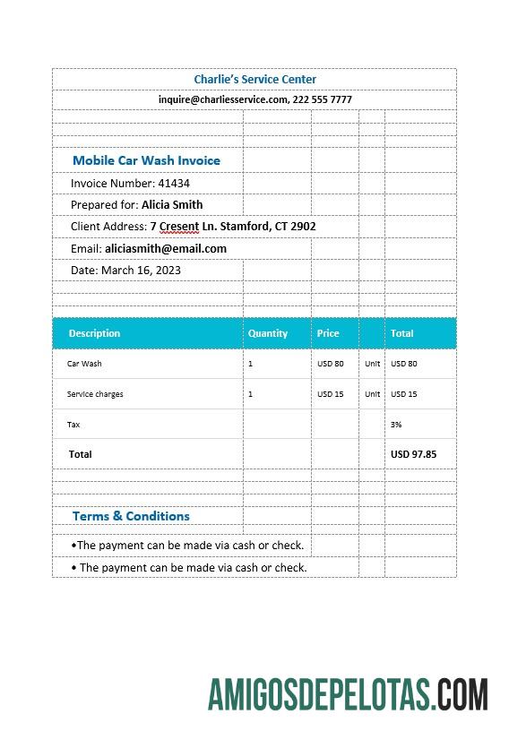 imprimível Modelo de fatura de lavagem de carro móvel